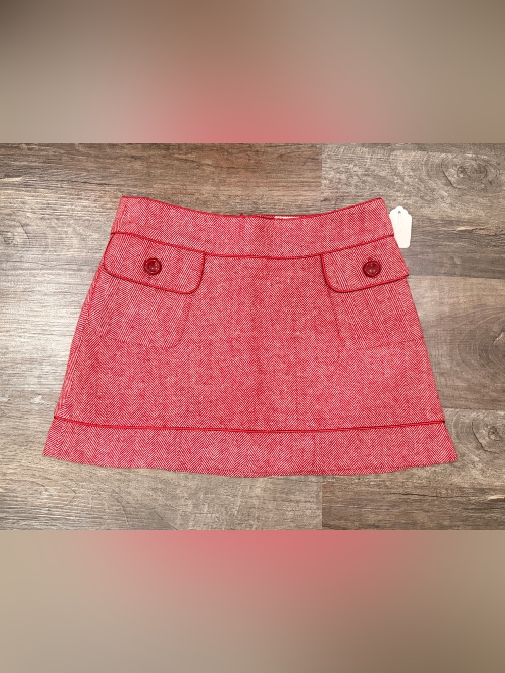 Tulle Red Herringbone Mini Skirt with Button Pocket Detail